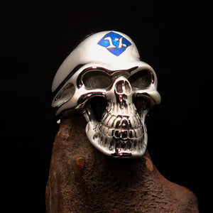 Mirror polished Men's Outlaw Biker Ring blue 1% Skull - Sterling Silver - BikeRing4u