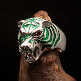 Excellent crafted Men's Predator Ring Tiger red CZ Eyes and green Stripes - Sterling Silver - BikeRing4u
