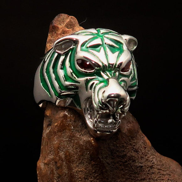Excellent crafted Men's Predator Ring Tiger red CZ Eyes and green Stripes - Sterling Silver - BikeRing4u