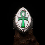 Green marquise shaped Egyptian Ankh Cross Men's Ring - Sterling Silver - BikeRing4u