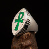 Green marquise shaped Egyptian Ankh Cross Men's Ring - Sterling Silver - BikeRing4u