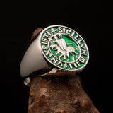 Excellent crafted Men's green Templar Knight Seal Ring - Sterling Silver - BikeRing4u