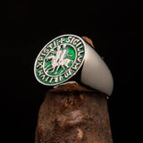 Excellent crafted Men's green Templar Knight Seal Ring - Sterling Silver - BikeRing4u