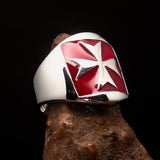 Excellent crafted Men's red Maltese Cross Biker Ring - Sterling Silver - BikeRing4u
