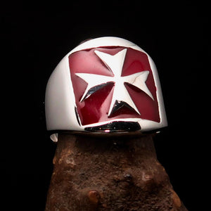 Excellent crafted Men's red Maltese Cross Biker Ring - Sterling Silver - BikeRing4u