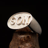 Perfectly crafted oval Initial Men's Ring SON one word - two tone Sterling Silver - BikeRing4u