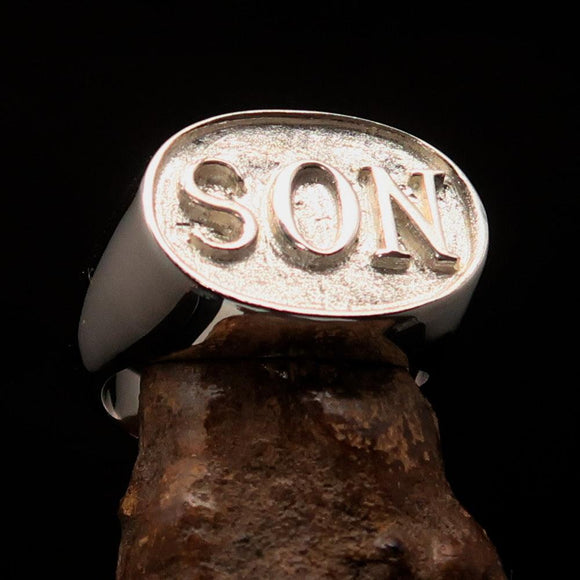 Perfectly crafted oval Initial Men's Ring SON one word - two tone Sterling Silver - BikeRing4u