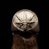 Men's Ring Cannabis Leaf Marihuana Medical Weed Symbol - two tone Sterling Silver - BikeRing4u