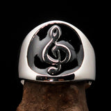 Excellent crafted round Men's black Treble Clef Ring - Sterling Silver - BikeRing4u