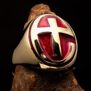 Excellent crafted Men's Ring modern red Christian Cross - Solid Brass - BikeRing4u
