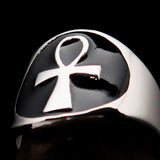Excellent crafted Men's big black Egyptian Ankh Cross Ring - Sterling Silver - BikeRing4u