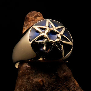 Nicely crafted domed Men's Heptagram Ring blue Heptagon - Solid Brass - BikeRing4u