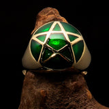 Perfectly domed Men's Solid Line Pentagram Ring Green - Brass - BikeRing4u