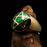 Perfectly domed Men's Solid Line Pentagram Ring Green - Brass - BikeRing4u