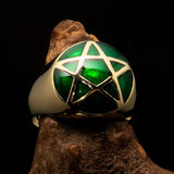 Perfectly domed Men's Solid Line Pentagram Ring Green - Brass - BikeRing4u