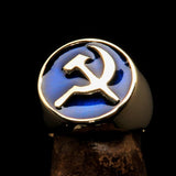 Excellent crafted Men's Socialist Ring Blue Hammer Sickle - Solid Brass - BikeRing4u