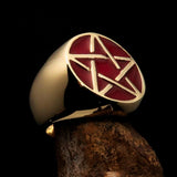 Excellent crafted Men's Pinky Ring red Pentagram - Solid Brass - BikeRing4u