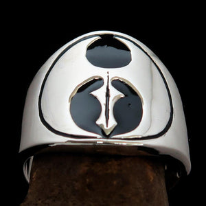 Excellent crafted ancient Men's black Labrys double Axe Ring - Sterling Silver - BikeRing4u
