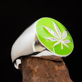 Sterling Silver Men's Ring Marihuana Cannabis Leaf in Green - BikeRing4u