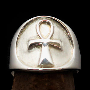 Excellent crafted two tone Men's big Egyptian Ankh Cross Ring - matte Sterling Silver - BikeRing4u