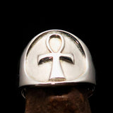 Excellent crafted two tone Men's big Egyptian Ankh Cross Ring - matte Sterling Silver - BikeRing4u
