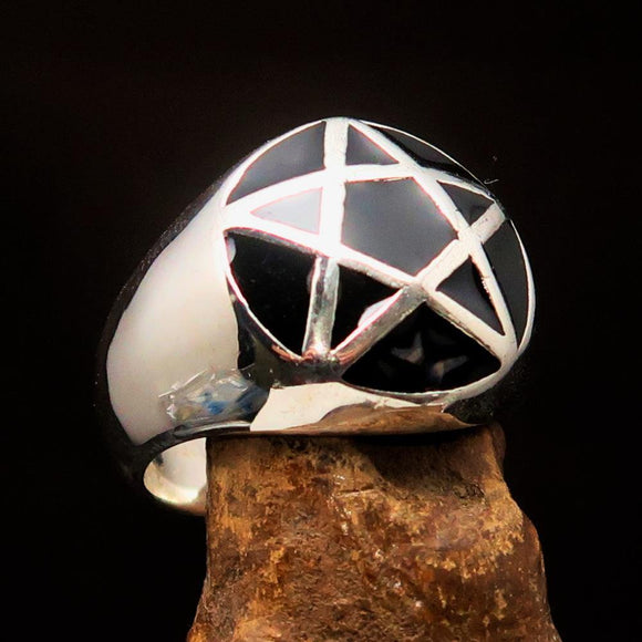 Perfectly domed Men's Solid Line Pentagram Ring Black - Sterling Silver - BikeRing4u