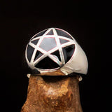 Perfectly domed Men's Solid Line Pentagram Ring Black - Sterling Silver - BikeRing4u