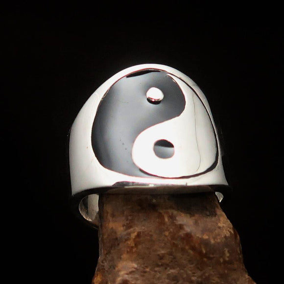 Excellent crafted Men's black Yin Yang Ring - Sterling Silver - BikeRing4u